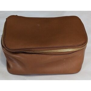 Mark & Graham Toiletry Bag Unisex Brown Leather Good Vanity Travel Case Gold Zip